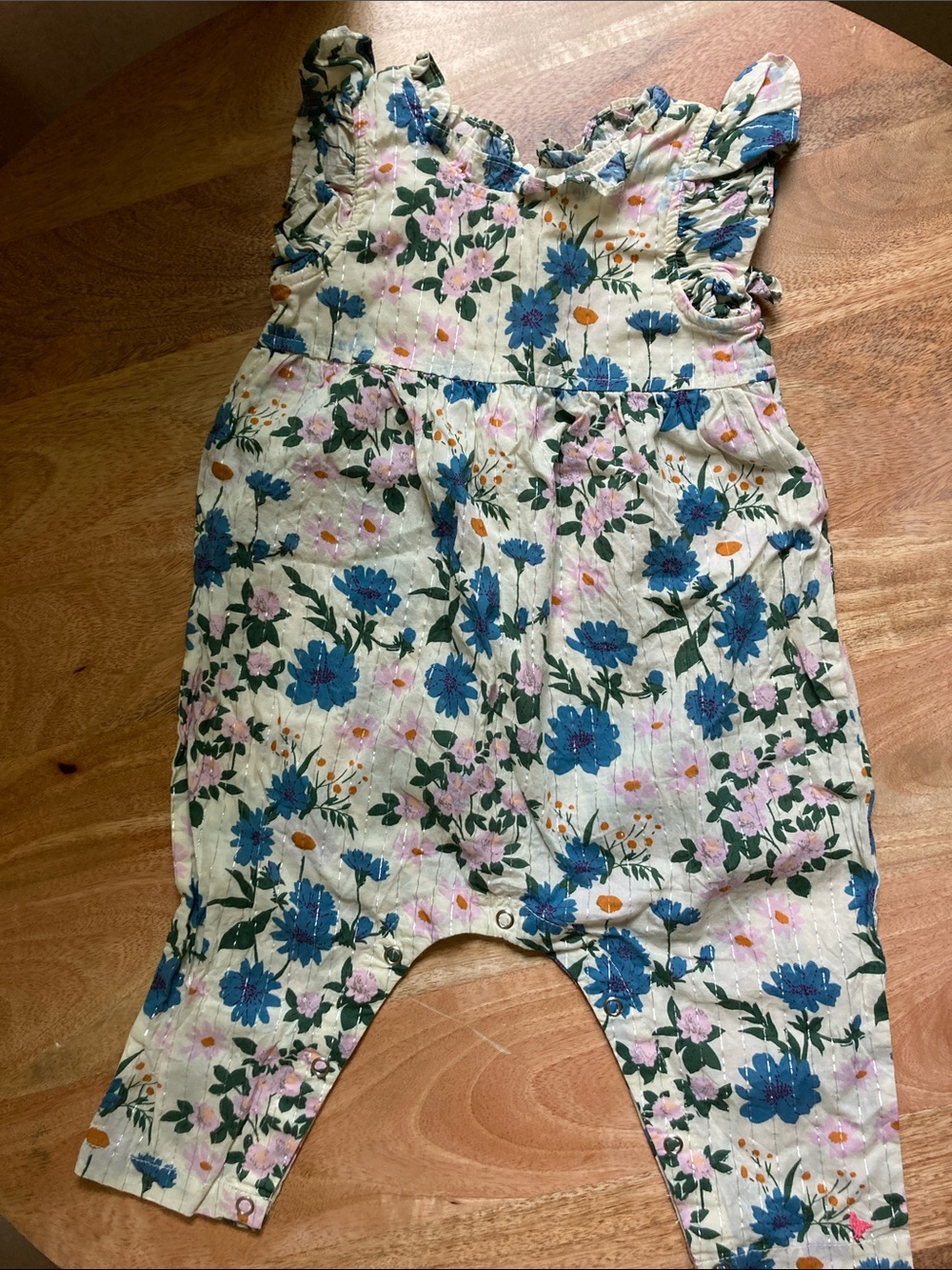 Pink Chicken Floral Cotton Romper - Blue, Pink & Green